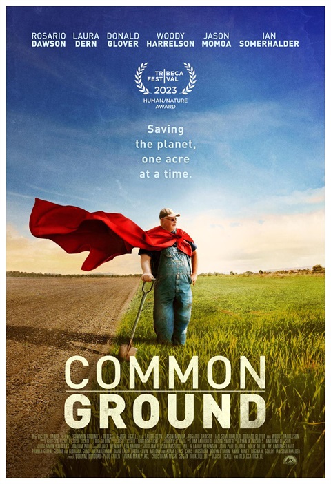 common ground movie poster with person farming wearing a cape
