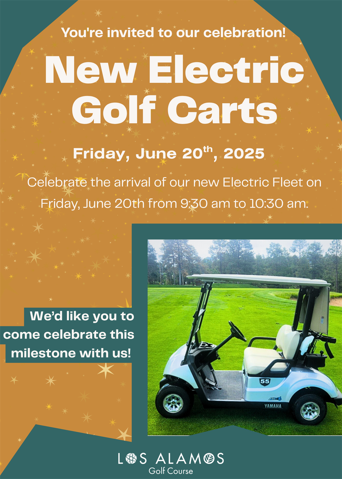 Orange and Green Invitation stating: New Electric Golf Carts Friday, June 20th, 2025 Celebrate the arrival of our new Electric Fleet on Friday, June 20th from 9:30 am to 10:30 am.png