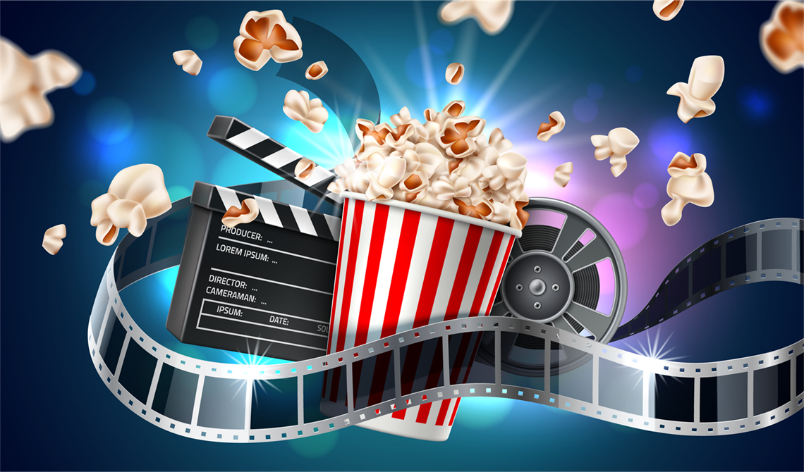 film strip with popcorn up with popcorn exploding in the background.