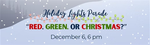 Light blue background with snow and a string of holiday lights. Text 