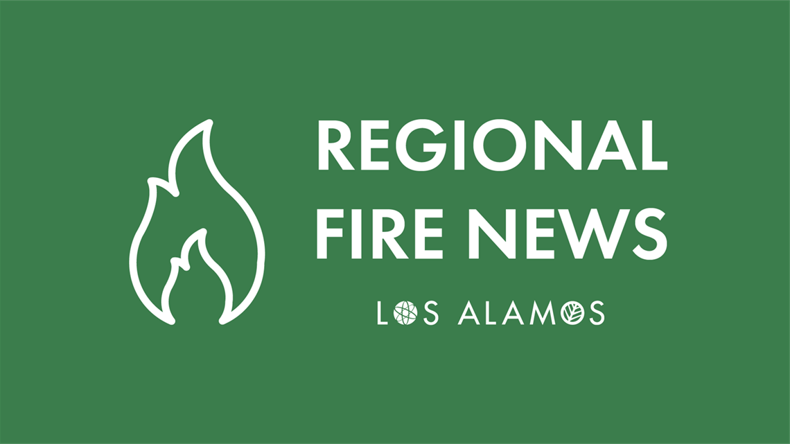 Green background with a white flame symbol and white text that reads Regional Fire News Los Alamos