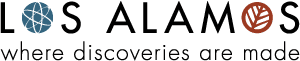 Logo with word: Los Alamos where discoveries are made. O in Los is an illustration of an atom and O in Alamos is an illustration of a leaf.